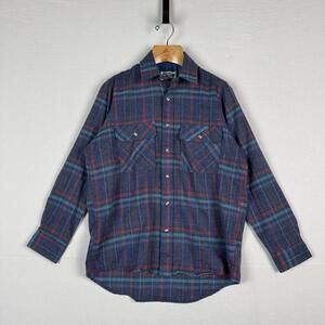 Vtg Sears Roebuck Wool Flannel Shirt Men’s Medium Blue Plaid Single Needle Korea